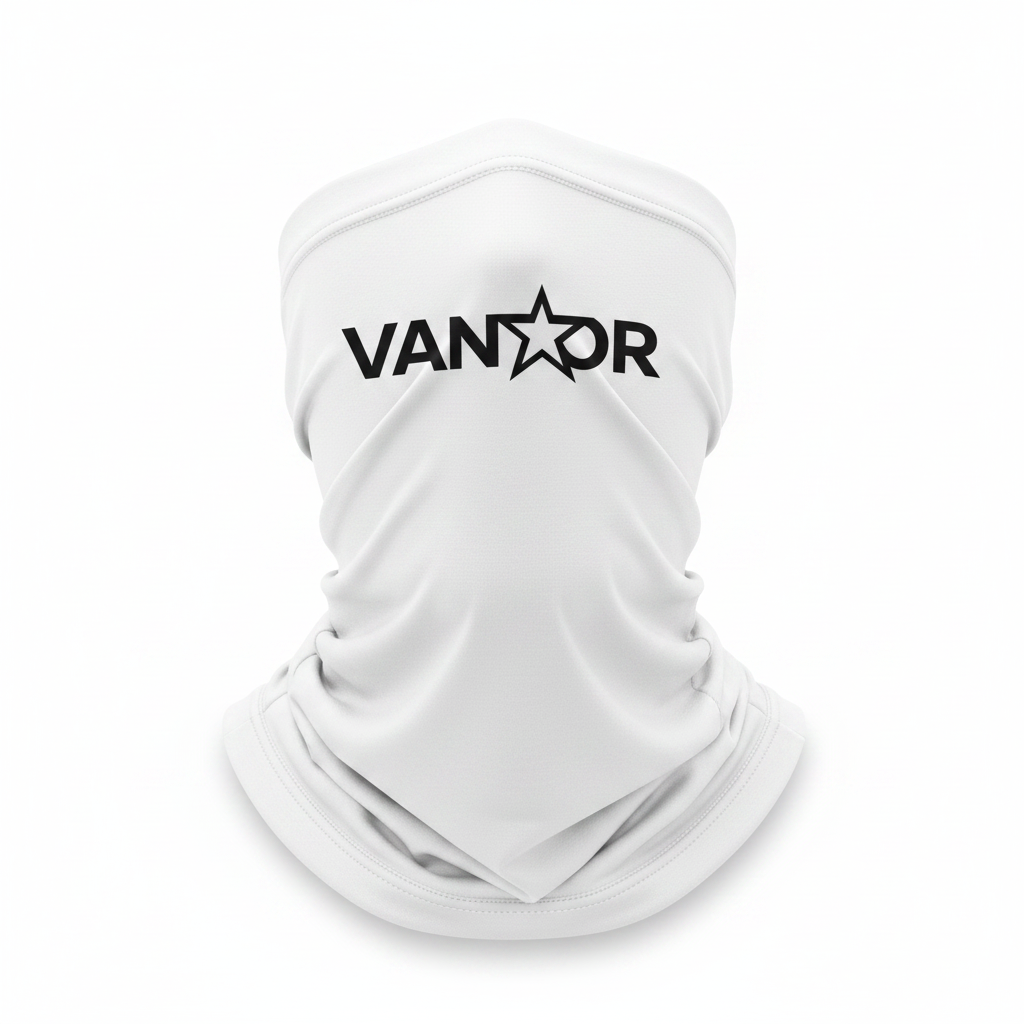 Vantor white neck gaiter close up black logo