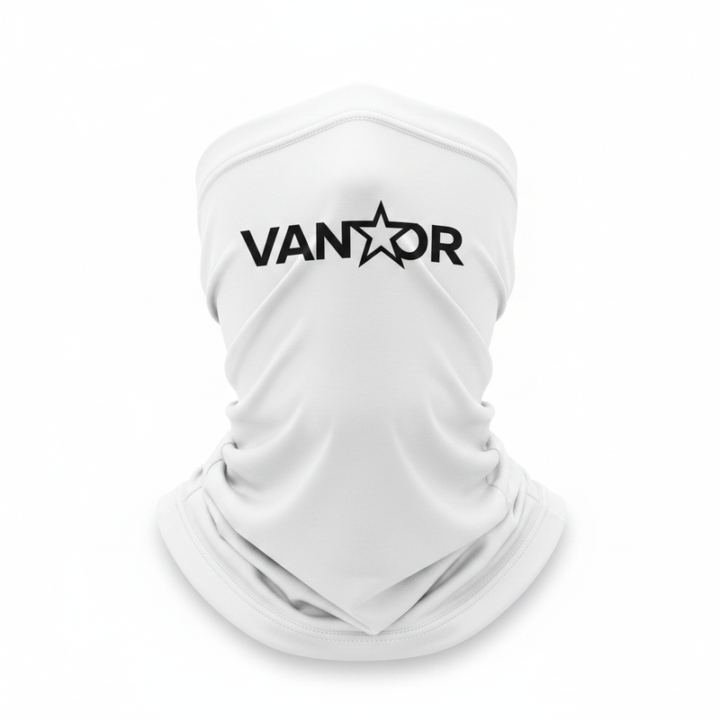 Vantor white neck gaiter close up black logo