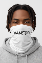 Vantor white neck gaiter on model close up black logo