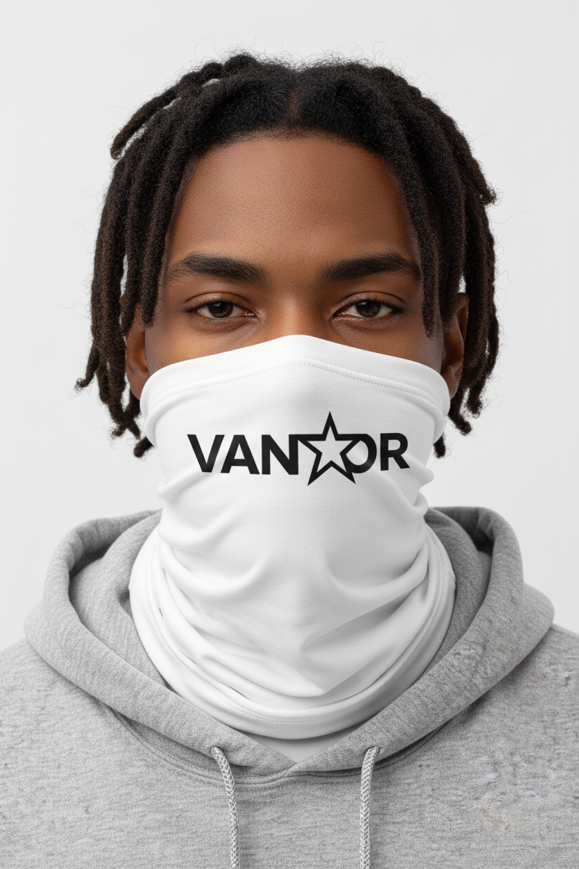 Vantor white neck gaiter on model close up black logo